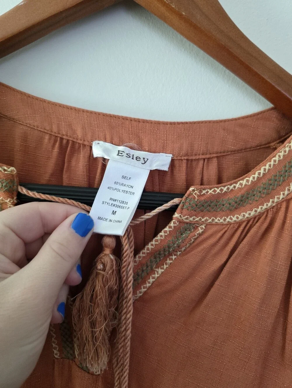 Embroidered Western Chic Longsleeve Blouse Burnt Orange Aztec Boho Esley Womns M